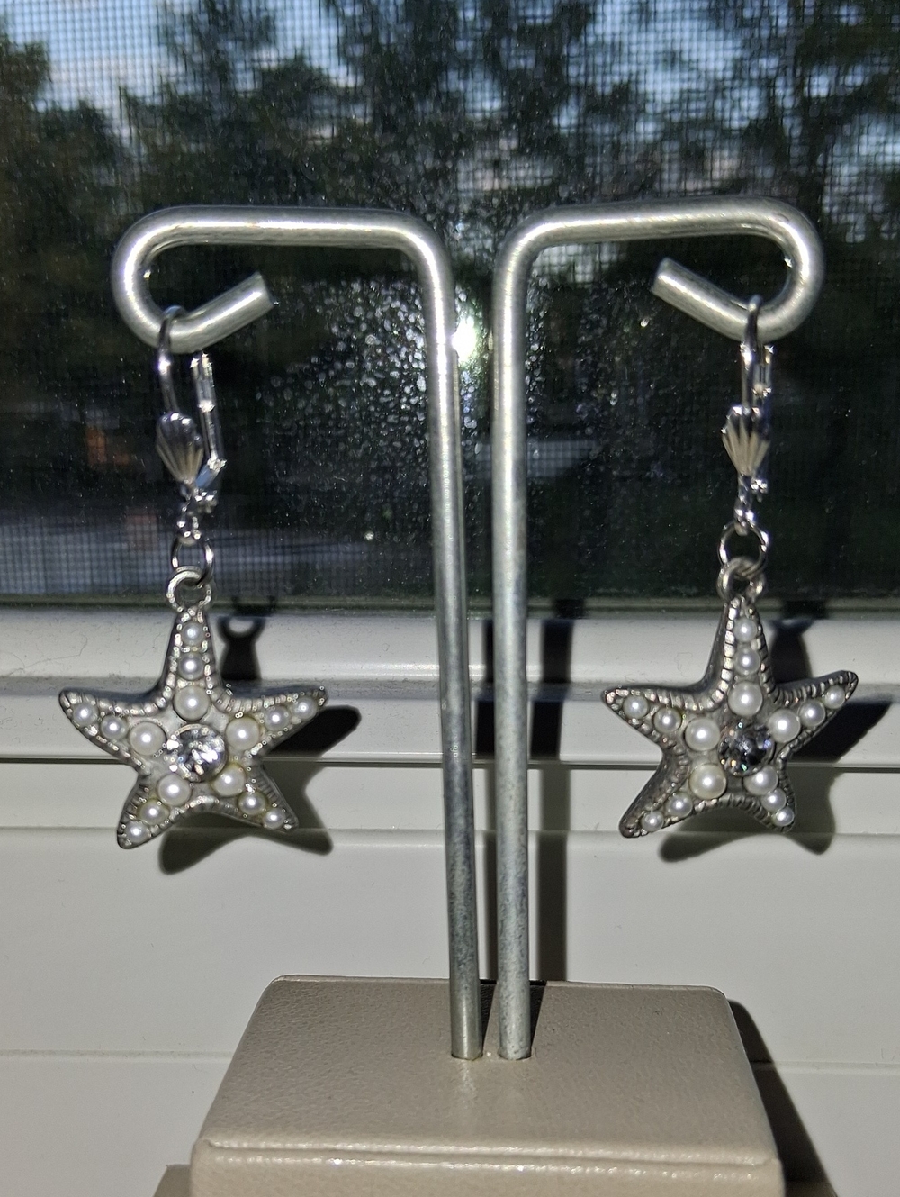 Silver Starfish Dangle Earrings with Pearls and Crystals